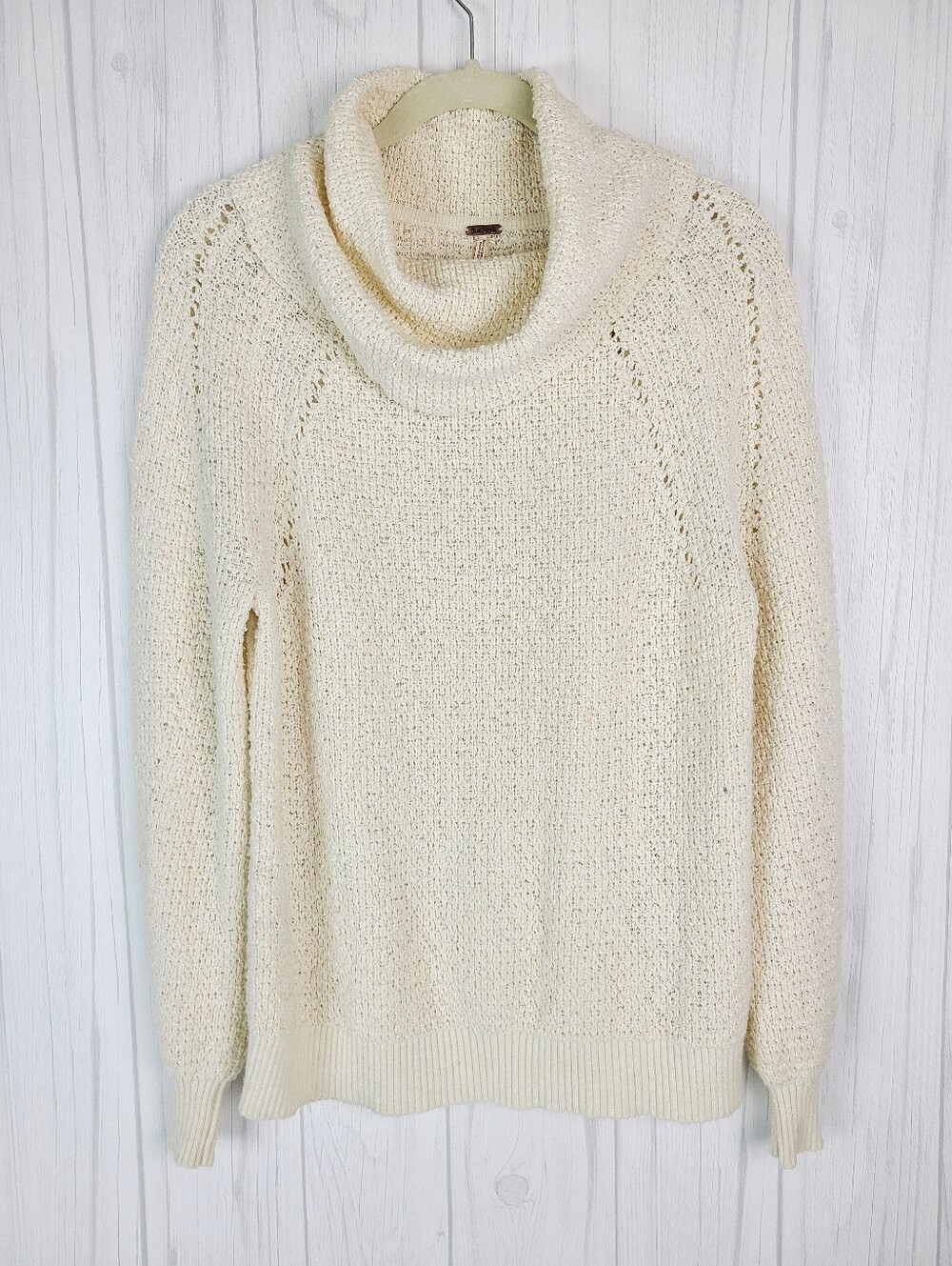 Free People XS Oversized Cream Open-Stitch Cowl Neck Sweater